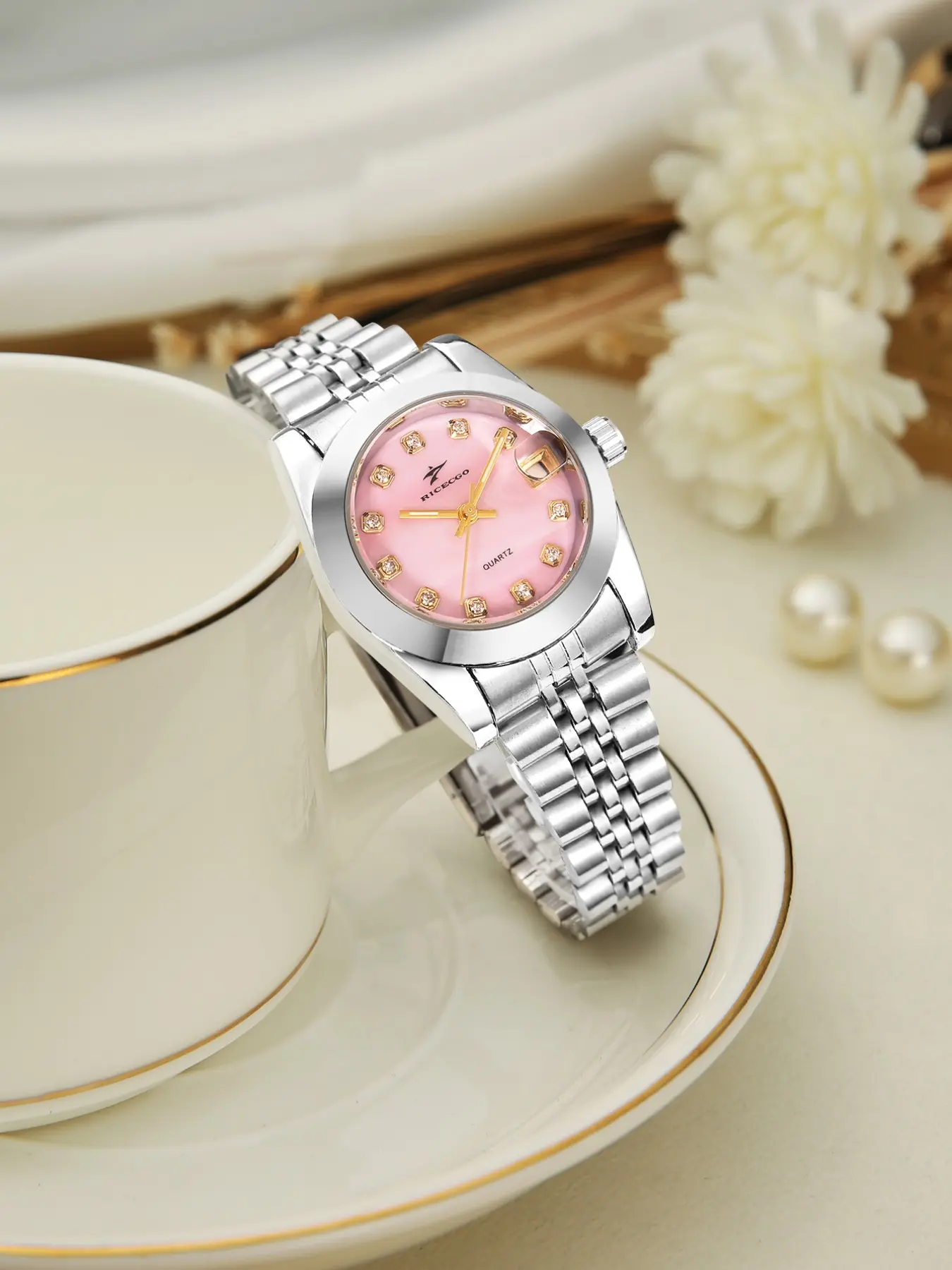 RICECGO Women's Fashion Luxury Watch, Stainless Steel, Elegant Quartz Analog Watch, Casual Everyday Style, Fashionable Watches