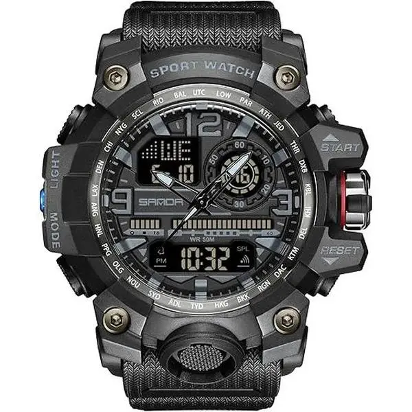 BYW15 Men's Military Look Watch - Large Dial, Resin Band, Dual Timezone, Multi-Function, Waterproof, LED Face, Alarm, Stopwatch, Date Display for Outdoor Sports Use
