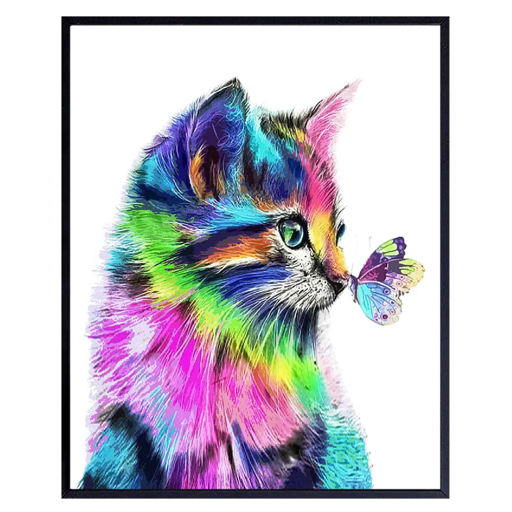 Butterfly Cat Wall Art & Decor FRAMED - Cat Wall Decor - Cat Lover Gifts for Women Woman Girl - Little Girls Bedroom Toddler Baby Room decoration - Daughter Gift - Nursery Decor Cute Cat Poster 8x10