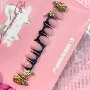 Black French Tips with Gold Gems | GelX Press Ons