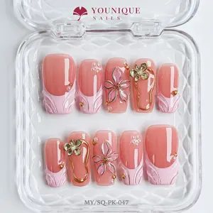 Younique Nails 2025 | MY Studio | Floral Symphony  10PCS 100% Handmade Press-On Nails | Reusable Colorful Art Glossy Design Acrylic Luxury Long Lasting 3D Stylish Office Wear Floral Embellished Rhinestone salon-quality