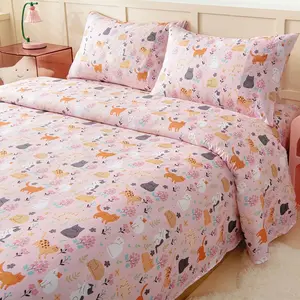 Full-size sheet set for kids, 4-piece bed sheet set for teens (boys and girls), cartoon-printed bedding set, microfiber deep pocket, wrinkle- and fade-resistant, cute cats