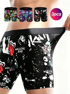 3-Pack Men's Street Style Boxer Briefs, Fun Horror Skull Graffiti Trunks, Breathable Unique Print Boxers, All Seasons Underwear