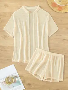 Women's Solid Button Front Cover Up Set - Beach Vacation Two-Piece