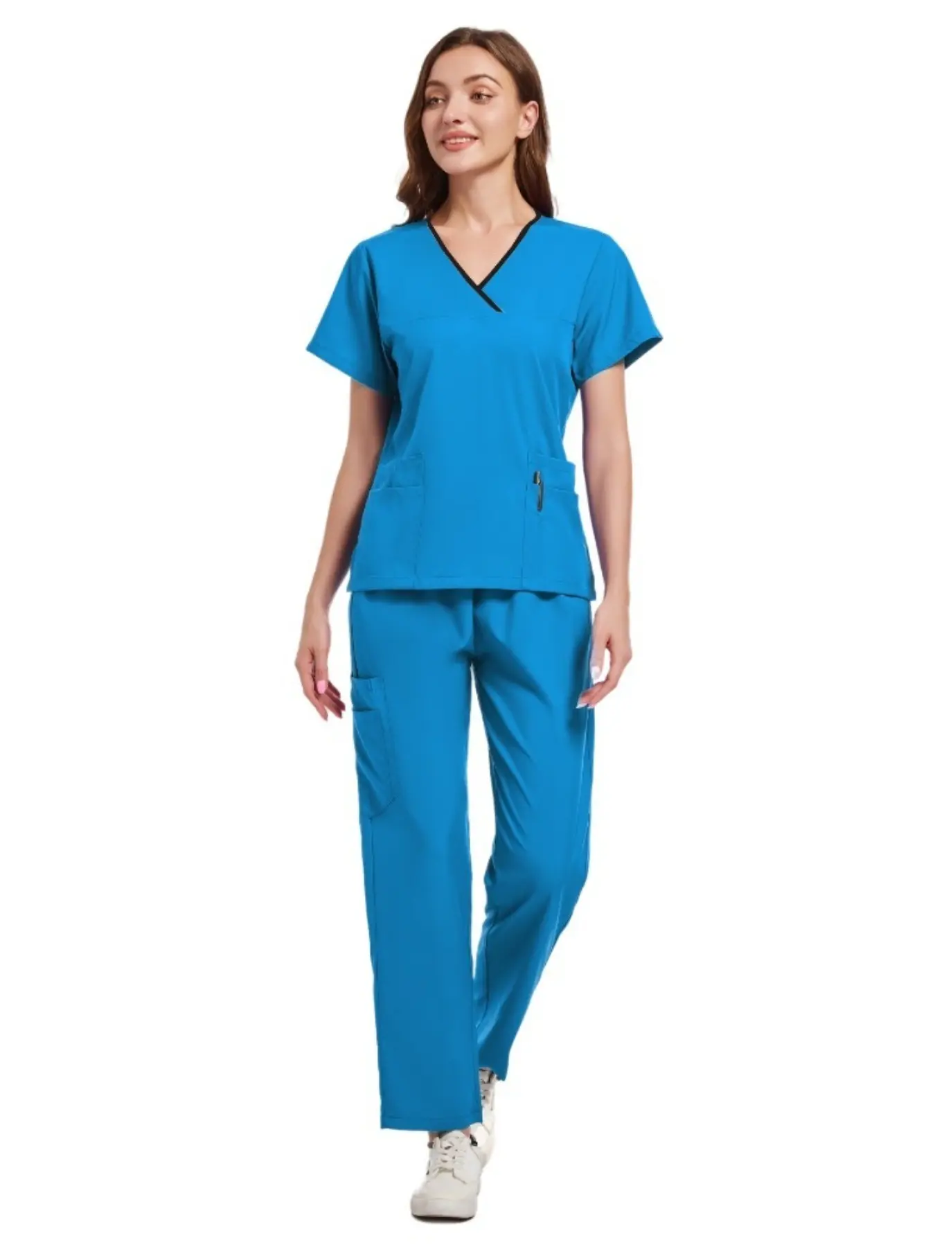 Short Sleeve Scrub Top Nursing Uniform Women Two Piece Set Dental Doctor Workwear Stretchy Nurse Outfit