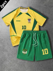 Men's American Football Print Short Sleeve Football Jersey T-Shirt + Casual Shorts, 2026 World Cup Sport Set, Brazil Logo Number English Pattern, Soccer Jersey Kit