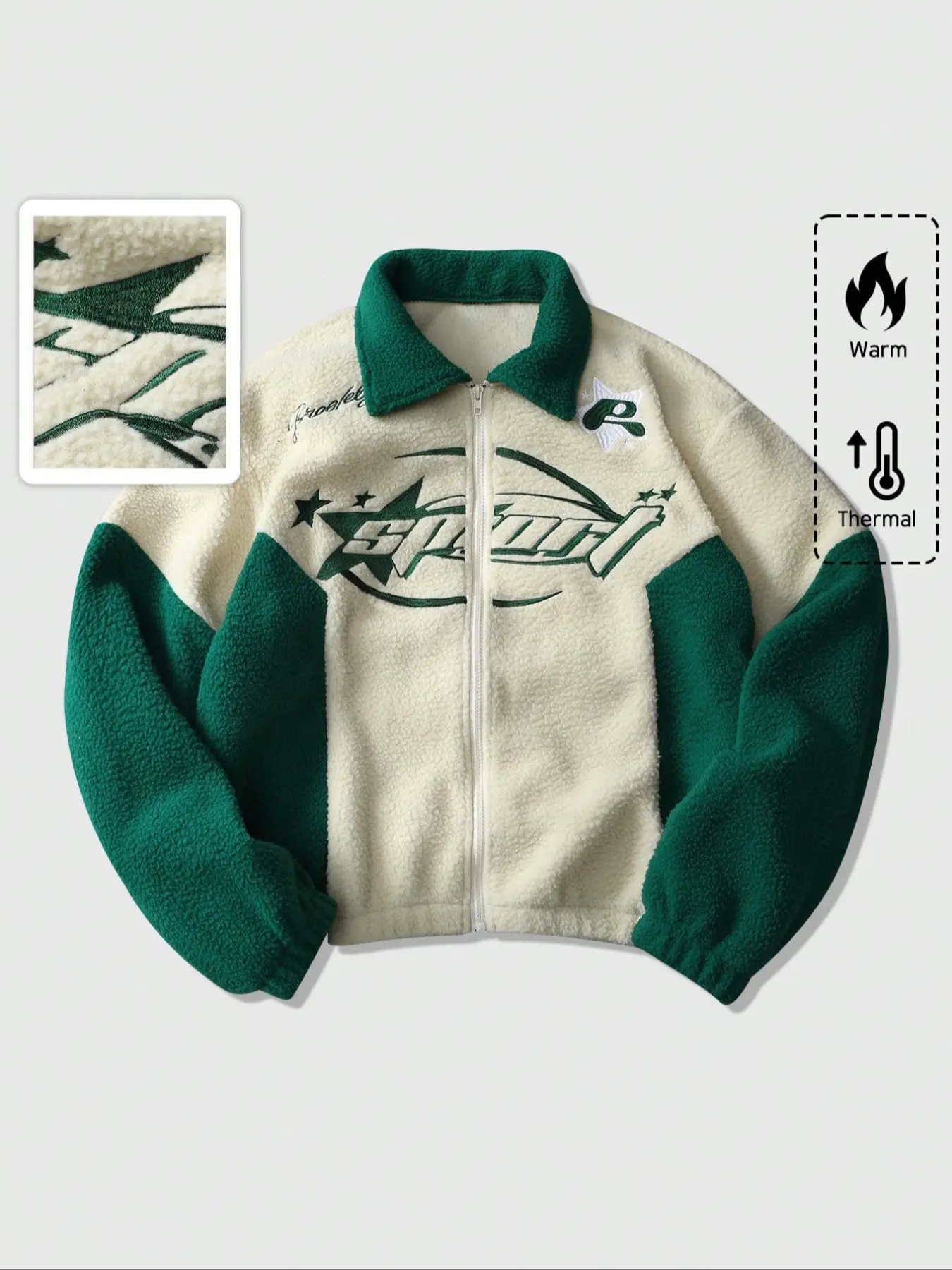Men's Warm Fleece Lined Jacket, Vintage Olive Block, Loose Fit, Heavy Embroidery Logo, Comfortable Streetwear Zipper Coat, Menswear