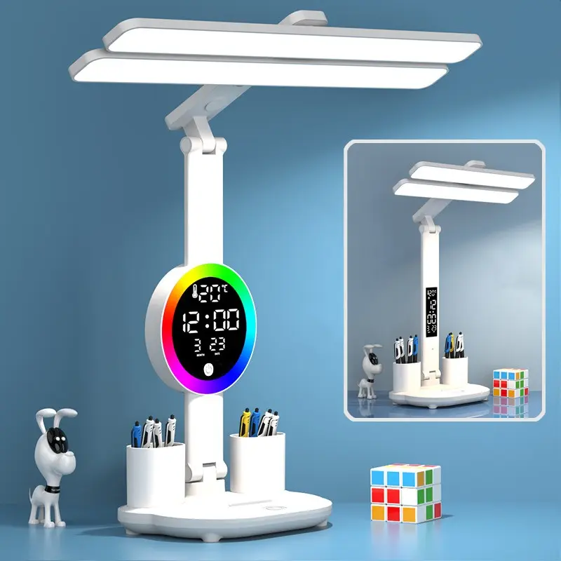 Double Head LED Desk Lamp, Desk Lamp With Usb Charging Port, Dimmable 3 Colorful Lights, Adjustable Folding With Clock Date, Pen Holder, Temperature, Home Office Bedroom Reading Study Work