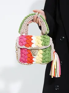 Women's Colorblock Crochet Handmade Bag, Fashionable Tassel Decor Crossbody Bag for Daily Used, Casual Trendy Versatile High-quality Daily Commuting Bag, Colorblock Tassel Bags