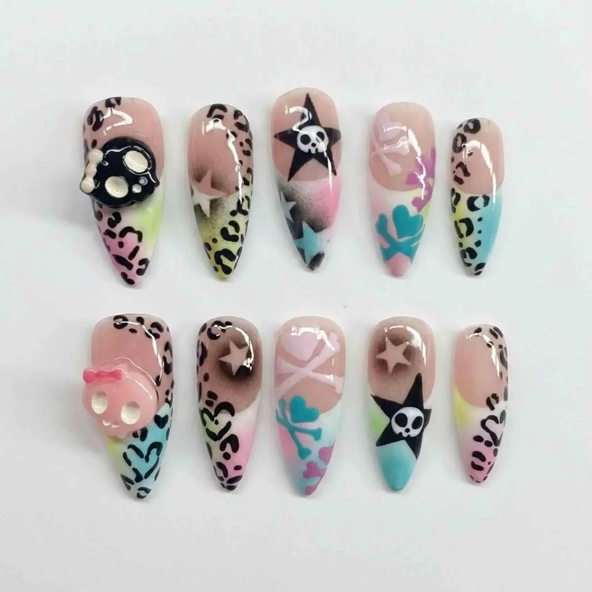 Tokidoki Inspired Y2K Press On Nails, Gyaru Harajuku Stiletto Fake Nails with 3D Skull Charms, Leopard Print, Stars & Pastel Airbrush Art | FREE Adhesive Tabs FREE Nail File FREE Cuticle Stick