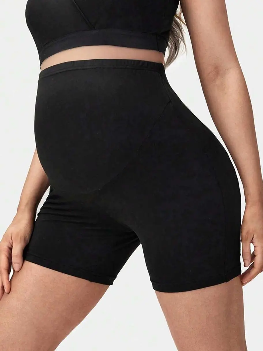 Maternity Solid Biker Shorts, High Waist Stretchy Compression Shorts for Yoga and Daily Wear