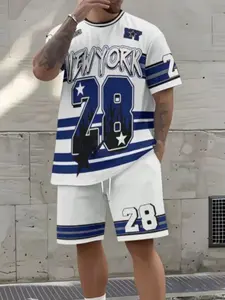 Summer Men's Outdoor Round Neck Short Sleeve T-Shirt and Shorts Set, Casual Letter Number Print, Fitted, Above the Knee, Sporty Style