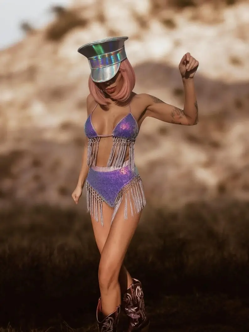 Purple Sequin Fringe Festival Outfit Sequined Cosmic Rave Set EDM Festival Metallic Mermaid Bikini Doll Costume Cowgirl Festival Outfit for Women's Wear - Womenswear, Clothes