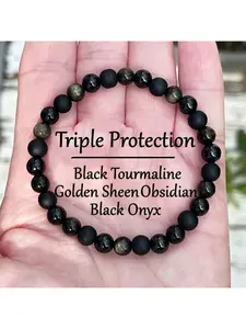 Triple Protection Natural Obsidian Bracelet - Black Bracelet for Emotional Stability and Balance, Vintage Elegant Design, Black Beaded Bracelet, Bracelet, Women's Bracelet