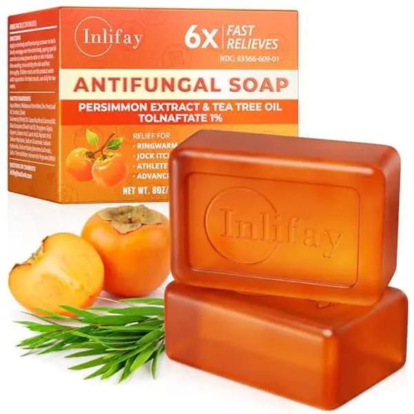 Inlifay Antifungal Soap Bar - Medicated Treatment with Tea Tree Oil for Ringworm, Jock Itch & Athlete’s Foot, Odor-Neutralizing Persimmon Soap for Body & Aging Odor, Gentle Daily Cleanser, 2 Bars