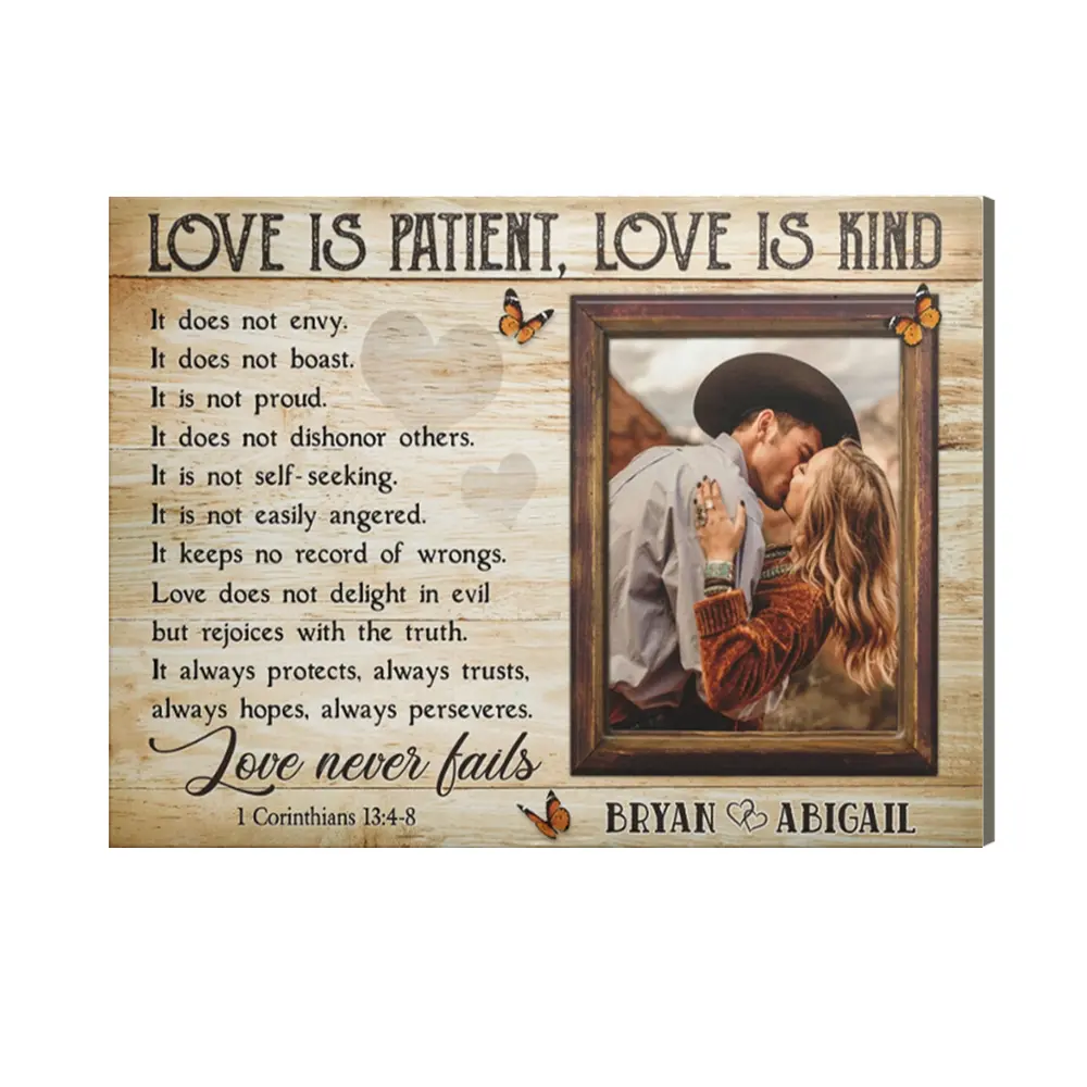 Personalized "Love Is Patient, Love Is Kind" Canvas – Custom Photo & Couple’s Name -  Canvas Wall Art Canvas Decor Poster
