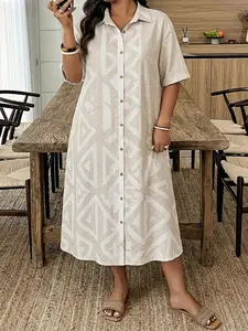 Plus Size Women's Shirt Print Geometric Dress, Casual Drop Shoulder Mid Sleeve Button Front Design, Loose Comfortable Fit, Spring Summer Daily Wear, Womenswear