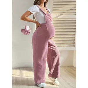 In Stock Corduroy Maternity Overalls for Women, Elastic Waist Loose Wide Leg Pregnancy Jumpsuit, Adjustable Strap Casual Baggy Pregnant Trousers, Packed with Seller‑Compliant Packaging Bags, Trendy Versatile Daily Maternity Bottoms