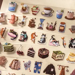 6 Rolls 12m Minimalist Matte Tape Dessert, Cat, Various Item Pattern Theme Minimalist Style PET Waterproof Material Self Adhesive DIY Journal Decoration Scrapbook Notebook Material Tape