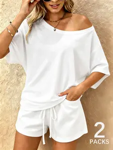 2 Piece Casual Set, Soft Knit Fabric Top, Loose Fit, Breathable Woven Pants, Regular Length, Ideal for Daily Wear, Home, Outdoors, Womenswear