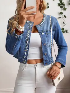 Women's Pearl And Rhinestone Embellished Short Denim Jacket, Medium Stretch Fabric, Crew Neck Heavy Handmade Beaded Denim Jacket Top
