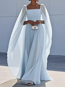 Women's Elegant Maxi Chiffon Cape Dress, High Waist Split Thigh Long Evening Gown, Square Neck Zipper Fly, Perfect for Weddings & Parties
