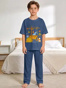 Deep Blue Engineering Vehicle Children's Workwear 2-Piece Set: Boys' Digital Print Short-Sleeve Pajamas with Long Sleep Pants, made of flame-retardant fabric, Snug Fit Pajamas, Casual Comfy Pajama, suitable for sleeping and home