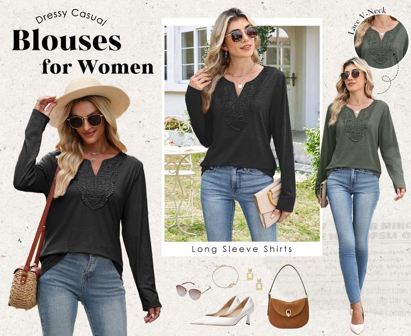 WIHOLL Boho Tops for Women Blouses Dressy Casual V Neck Long Sleeve Shirts Fall Outfits Trendy Vacation Clothes Chic Womenswear