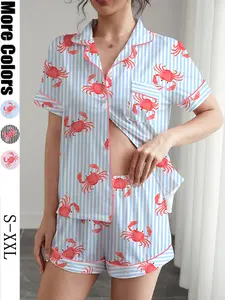 Women's 2-Piece Sleepwear Set, Small Crab Print, Short Sleeve Button-Down Top and Elastic Shorts, Casual Home Wear Pajama Loungewear, Printed Pajama Set, Pjs, Homewear, Lady, Womenswear