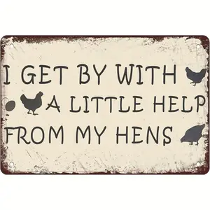 A Farmhouse Chicken Coop Decorative Sign - "I Live with The Help of My Hen" - Detailed Metal Wall Art, Made of Iron, Featuring English Text, Suitable for Bedroom And Country Home Decor, Measuring 12X8 Inches.