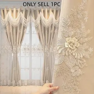 1pc French Luxury Lace Embroidered Curtains, Dual Layer Sheer Fabric, Wave Lace Header, Privacy Protection, Dustproof Floor-To-Ceiling Drapes
