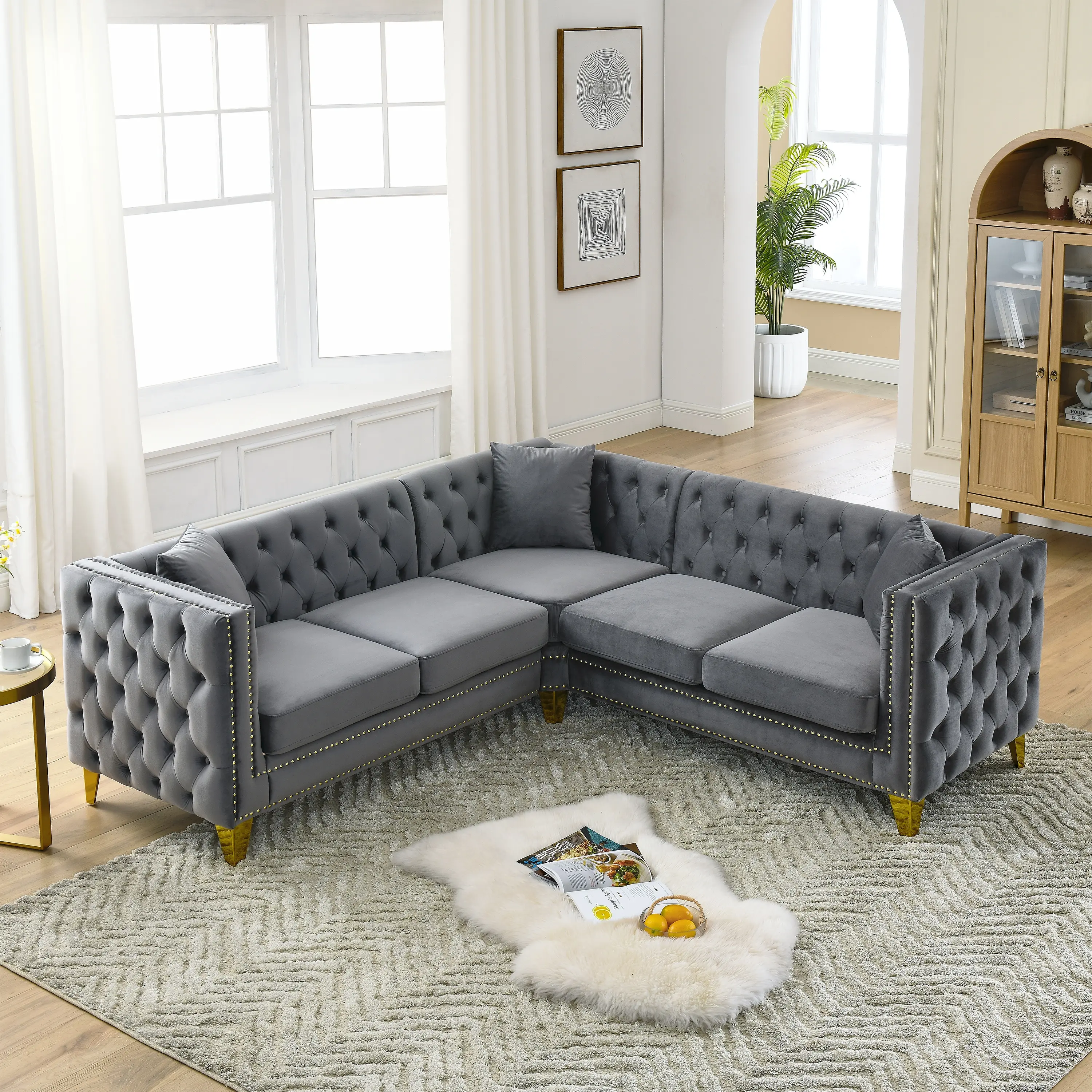 82.2-Inch Velvet L-Shaped Corner Sofa, 5-Seater Sectional Couch with 3 Cushions for Living Room, Apartment