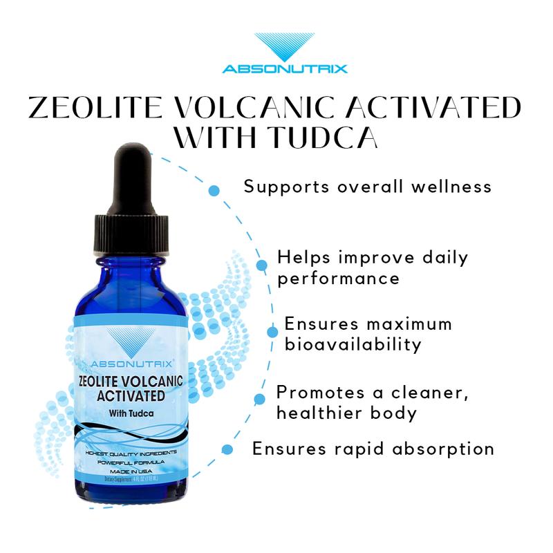 Absonutrix Zeolite Volcanic Activated with Tudca 390 mg Liquid 4 Oz 302 Servings Made in USA Non-GMO GMP Certified Cruelty-Free Quick Absorption Supplement