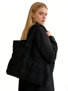Lamb Fur Tote Bag for Women, Large Capacity Commuter Handbag, Plush Shoulder Bag, School Shopping Bag, Stylish and Practical