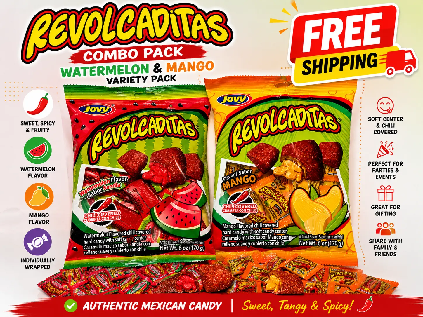 Revolcaditas Mango & Watermelon combo Pack – Sweet & Spicy Mexican Chili-Covered Hard Candy with Soft Fruit-Flavored Center from Mexico