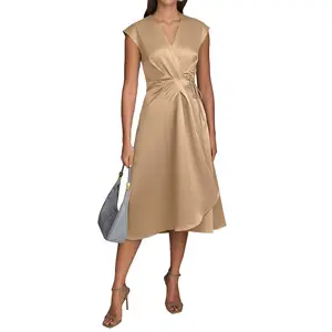 Satin Wrap V‑Neck Midi Dress | Cap Sleeve Tie Waist Elegant Cocktail Wedding Guest Dress