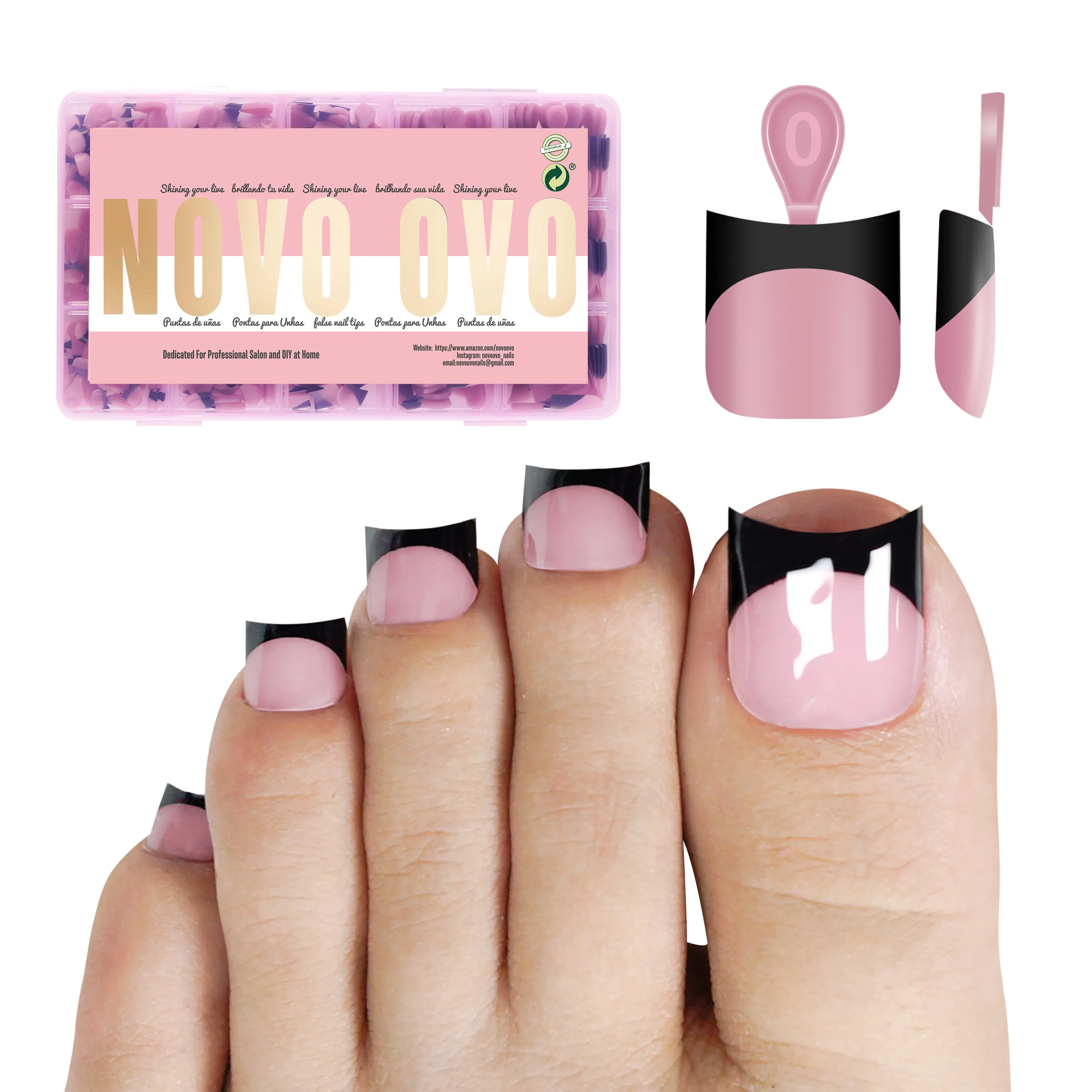 NOVO OVO Halloween Black Toe Nail Tips with Moon Curve Black French Tip Berry Pink Sharp Square,Thick Toenail Extension for Medium & Short Nail Beds, Soft Gel False Nail Kit,Full Cover Acrylic,【DOES NOT INCLUDE: LIGHT, GLUE, BUILDER GEL】