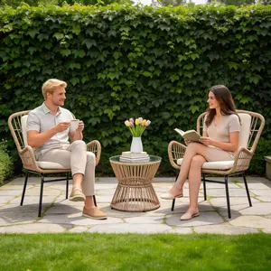 3-Piece Rattan Patio Bistro Set w/ Glass Top Table | Outdoor Patio Furniture, Conversation Set for Balcony, Backyard, Poolside | Easy Assembly