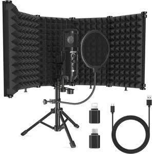 Studio Recording Microphone Isolation Shield with Pop Filter and Metal Tripod Stand, Studio Mic to PC Laptop Smartphone, Music Microphone for Recording Singing Podcasting