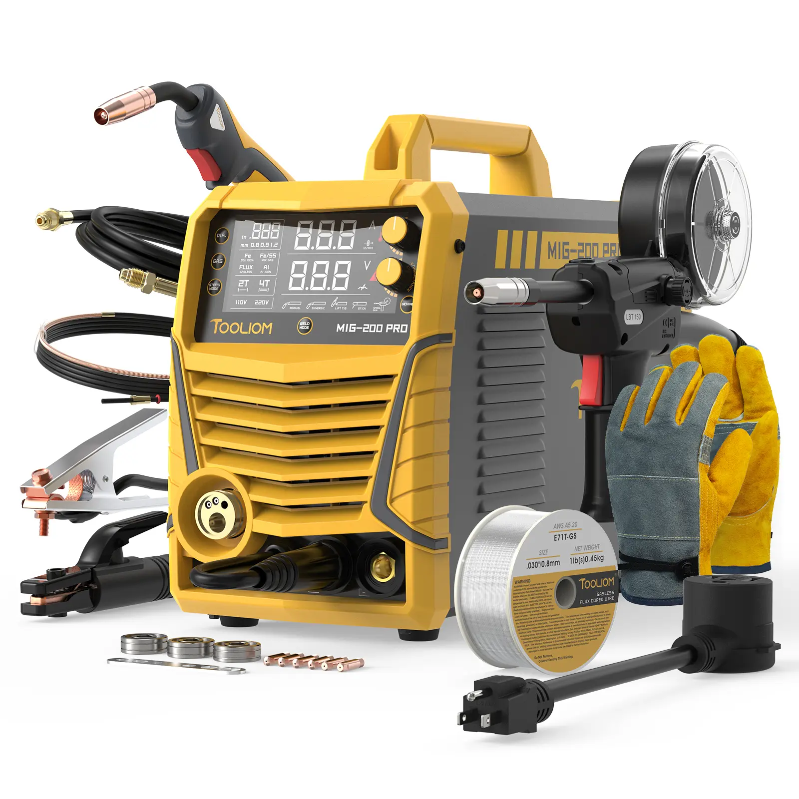 TOOLIOM MIG-200 PRO MIG Welder 5-In-1 Bundle - 200A Dual Voltages Gas MIG/Flux Core/Lift TIG/Spool Gun/Stick Multi-Process Welding Machine, Spool Gun Included for Aluminum Welding