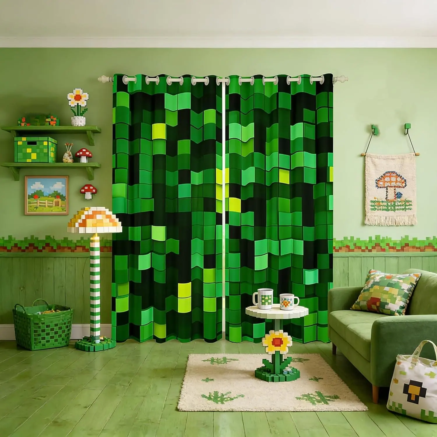 Pixelated Blocks Miners Blackout Curtains,Video Games Game Gamepad Boys Girls Room Decor,Geometric Grid Patchwork Window Curtains,Green 2 Panels