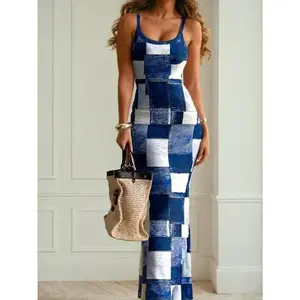 Women's Fashionable Grid Patterned Slim Fit Bodycon Dress Maxi Women Outfit