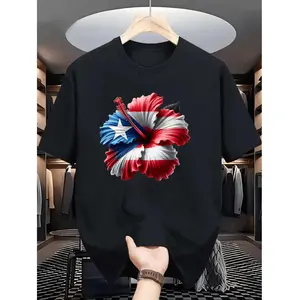 Vibrant Puerto Rico Flag And Hibiscus Flower Cotton T-Shirt For Men And Women Comfortable Regular Fit Short Sleeve Patriotic Apparel
