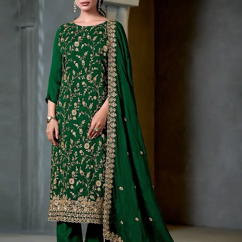 Green Hand Work Embroidered Satin Chiffon Salwar Kameez Set with Elegant Floral Design and Gold Embroidery