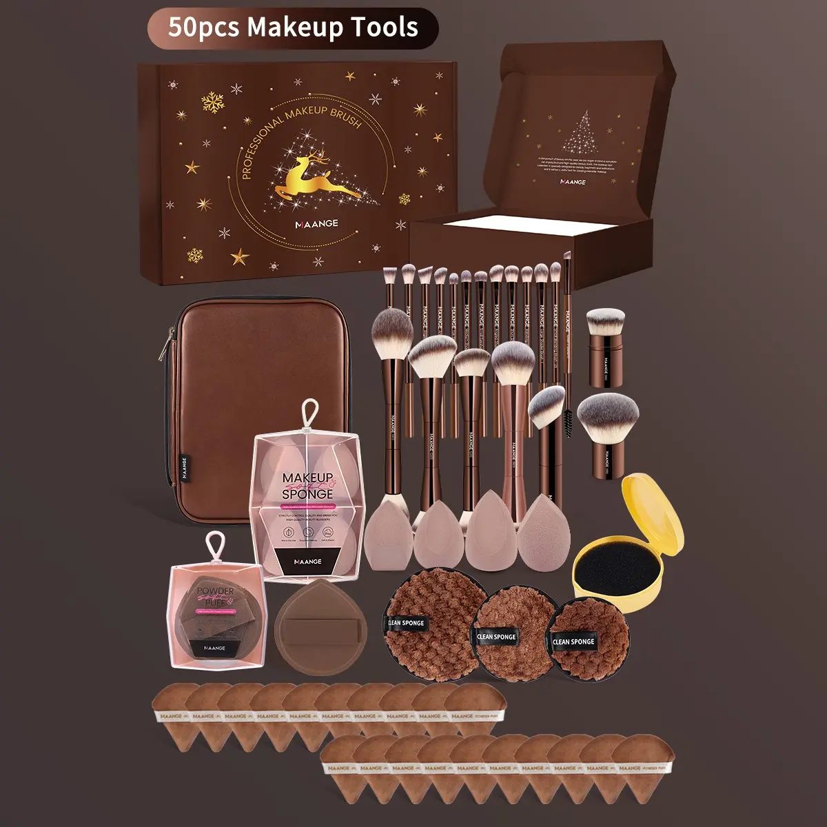 Maange 50-Piece Makeup Tool Set, Makeup Tool Kit, Cosmetic Tools, Includes 20 Aluminum Brushes, 4 Beauty Brushes, 1 Puff, 3 Remover Puffs, 20 Loose Powder Puffs, Brush Case, Makeup Brush Storage, Makeup Brush Sponge, Cosmetics Brush Set
