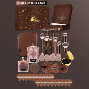 Maange 50-Piece Makeup Tool Set, Includes 20 Aluminum Brushes, 4 Beauty Brushes, 1 Puff, 3 Remover Puffs, 20 Loose Powder Puffs, Brush Case