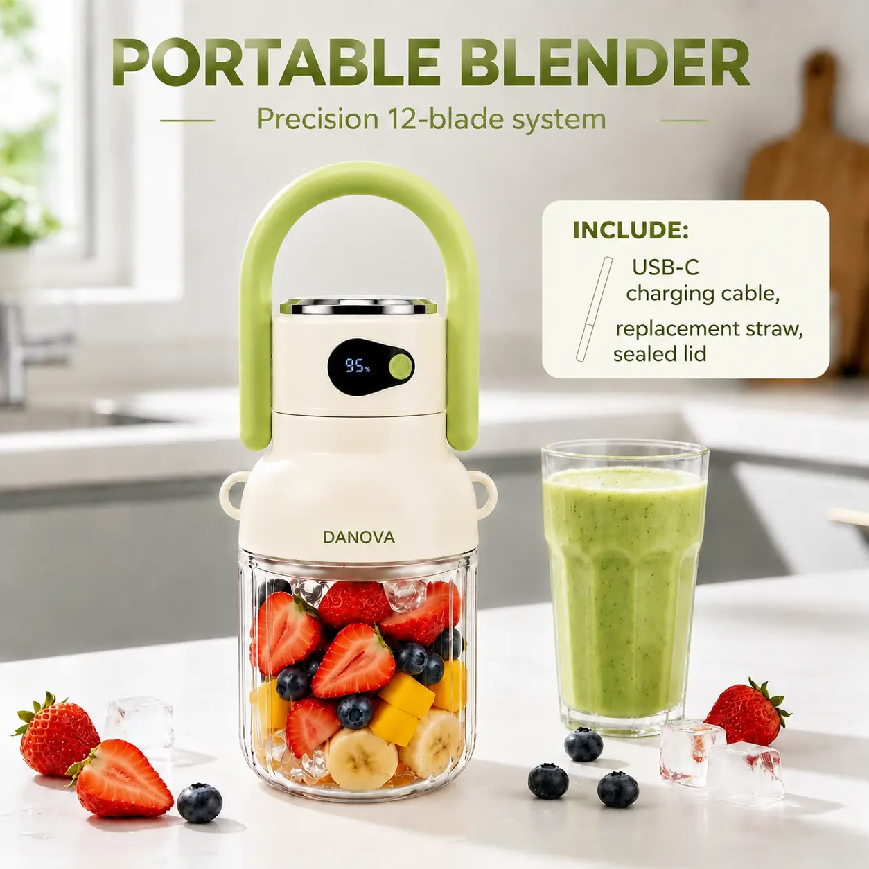 DANOVA Cordless Portable Blender - 70W Motor, 2000mAh, Plastic 33oz BPA-Free Cup, USB Charging, Easy Blade Clean, Ice Crushing, Protein Shake Ready, for Home, Travel, Couples’ Gift
