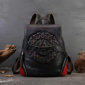 2026 New Genuine Vegetable-Tanned Leather Chinese-Style Artistic Couple's Backpack for Adults, Casual Use with Adjustable Shoulder Strap