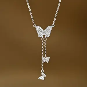 S925 pure silver women's shiny fringed butterfly pendant necklace, elegant and luxurious, equipped with synthetic zirconia, suitable for daily occasions, vacations, Christmas as a women's jewelry gift cinna moon bar