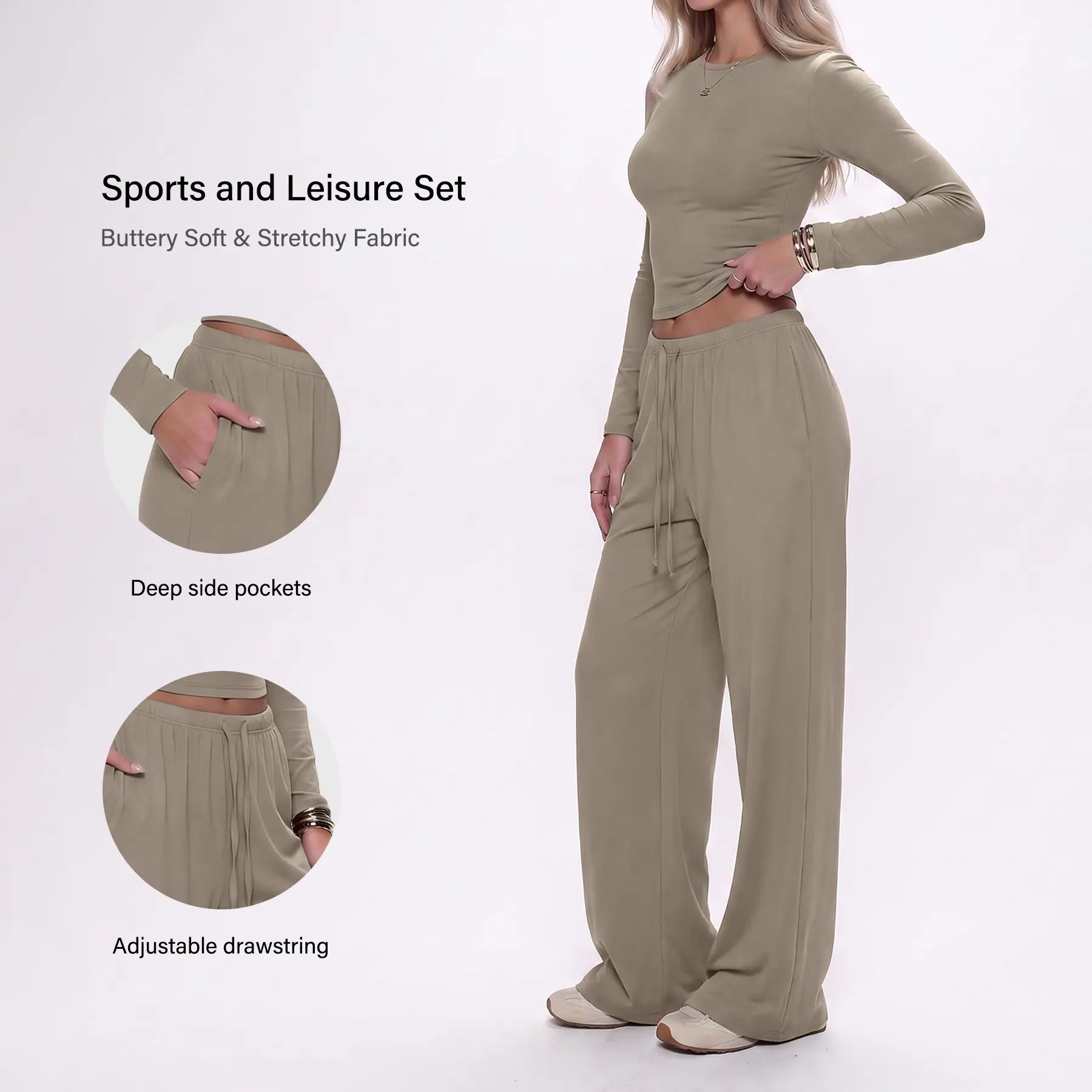 Women's Matching Sets 2 Piece Long Sleeve Top and Drawstring Wide Leg Trousers Outfits High Waisted Pockets Casual Basic Solid Color Second Skin Soft Stretchy Loungewear Yoga Athleisure Set